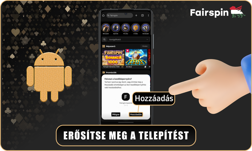 Erősítse meg a Fairspin alkalmazás telepítését Androidon a Telepítés gomb megnyomásával, hogy gond nélkül elkezdhesse a játékot