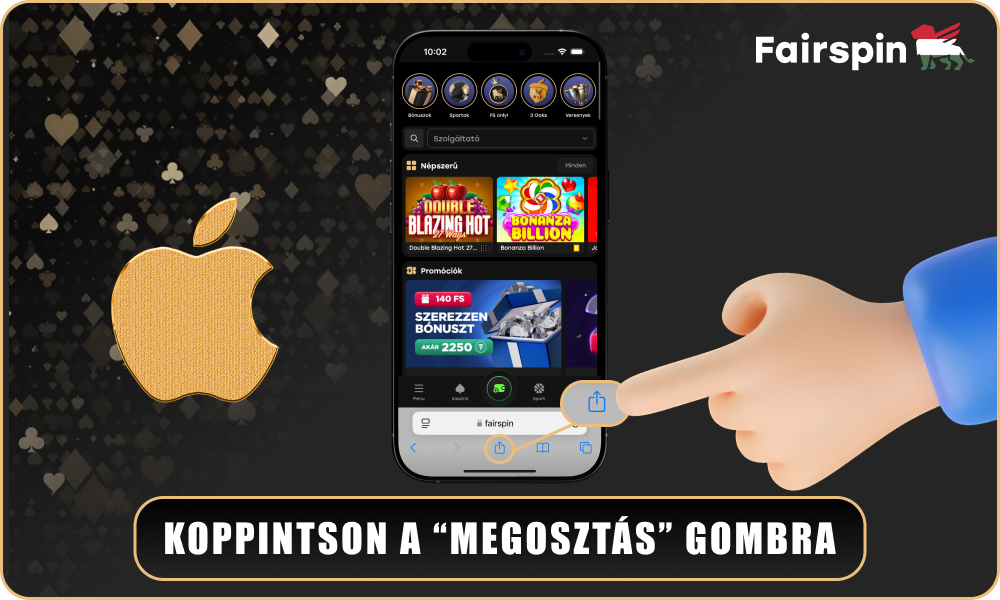 Kattintson a Megosztás ikonra a Safariban a Fairspin kaszinóalkalmazás telepítéséhez iOS-en