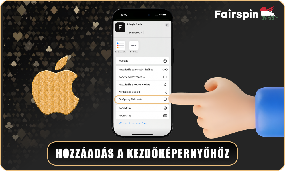 Válassza a Hozzáadás a kezdőképernyőhöz lehetőséget a Fairspin alkalmazás telepítéséhez iOS rendszerre