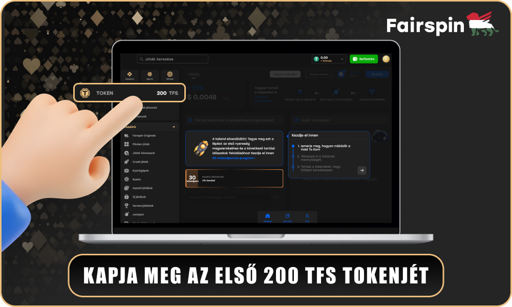 Az első befizetés után a Fairspin kaszinóban 200 ingyenes TFS tokent kap