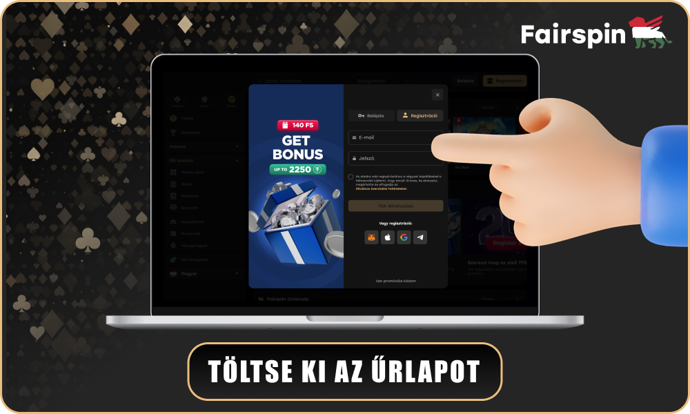 Adja meg e-mail címét és jelszavát a Fairspin Casino regisztrációhoz