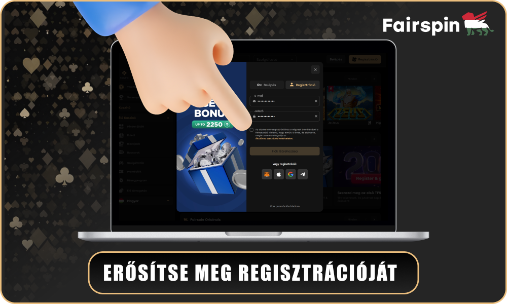 A Fairspin Casino regisztrációhoz jelölje be a jelölőnégyzetet a megerősítéshez