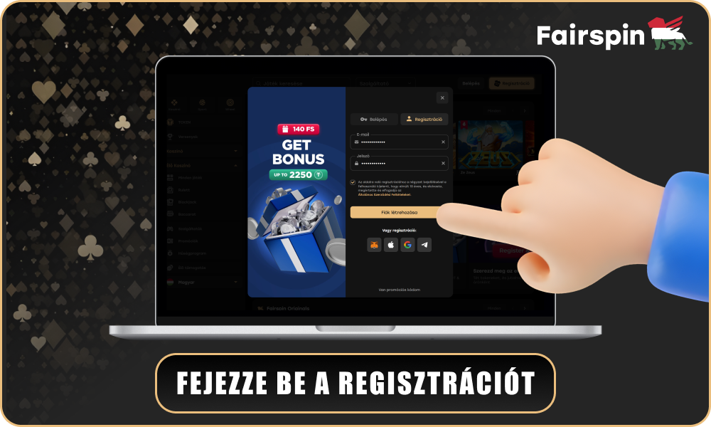 Kattintson a gombra, és fejezze be a regisztrációt a Fairspin Casino, hogy elkezdhessen játszani