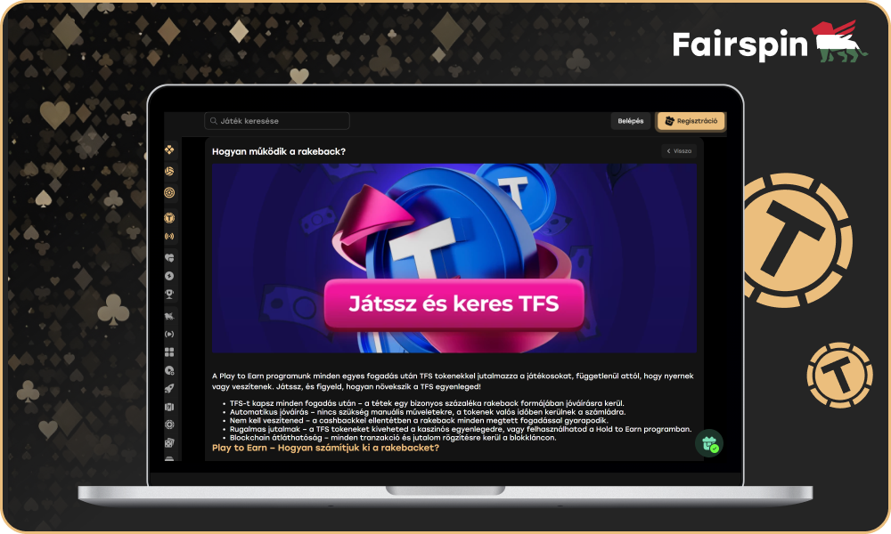 A Fairspin kaszinóban a játékosok TFS tokeneket szereznek a játékokban való fogadásért