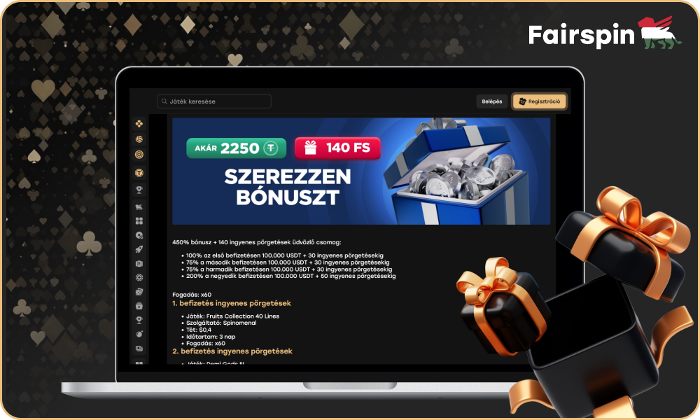 A Fairspin Magyarország Kaszinó új játékosai 450%-os bónuszt és 140 ingyenes pörgetést kaphatnak az első négy befizetésük alkalmával